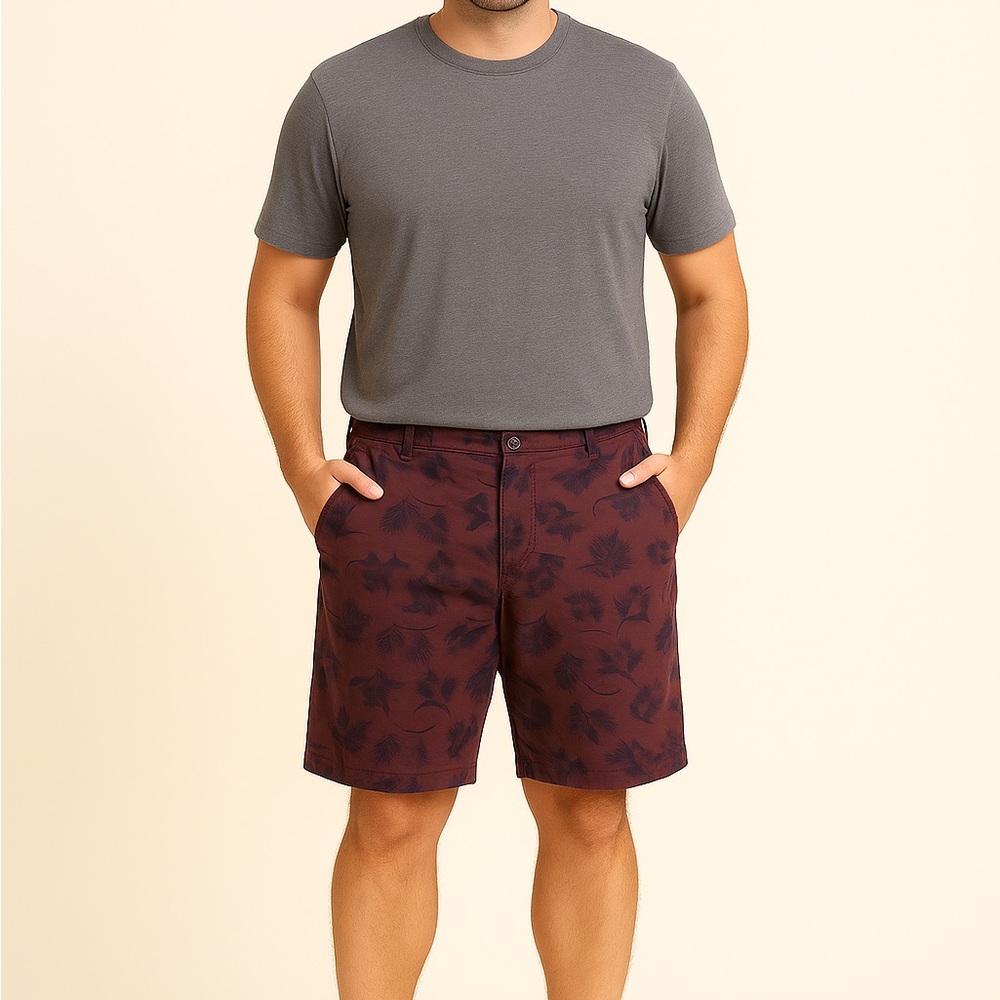 Men's Maroon Leaf Pattern Shorts
